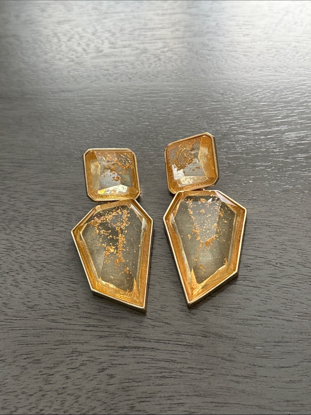 Vintage Drop Earrings Geometric Clear Gold Foil Statement Retro Glam Elegant